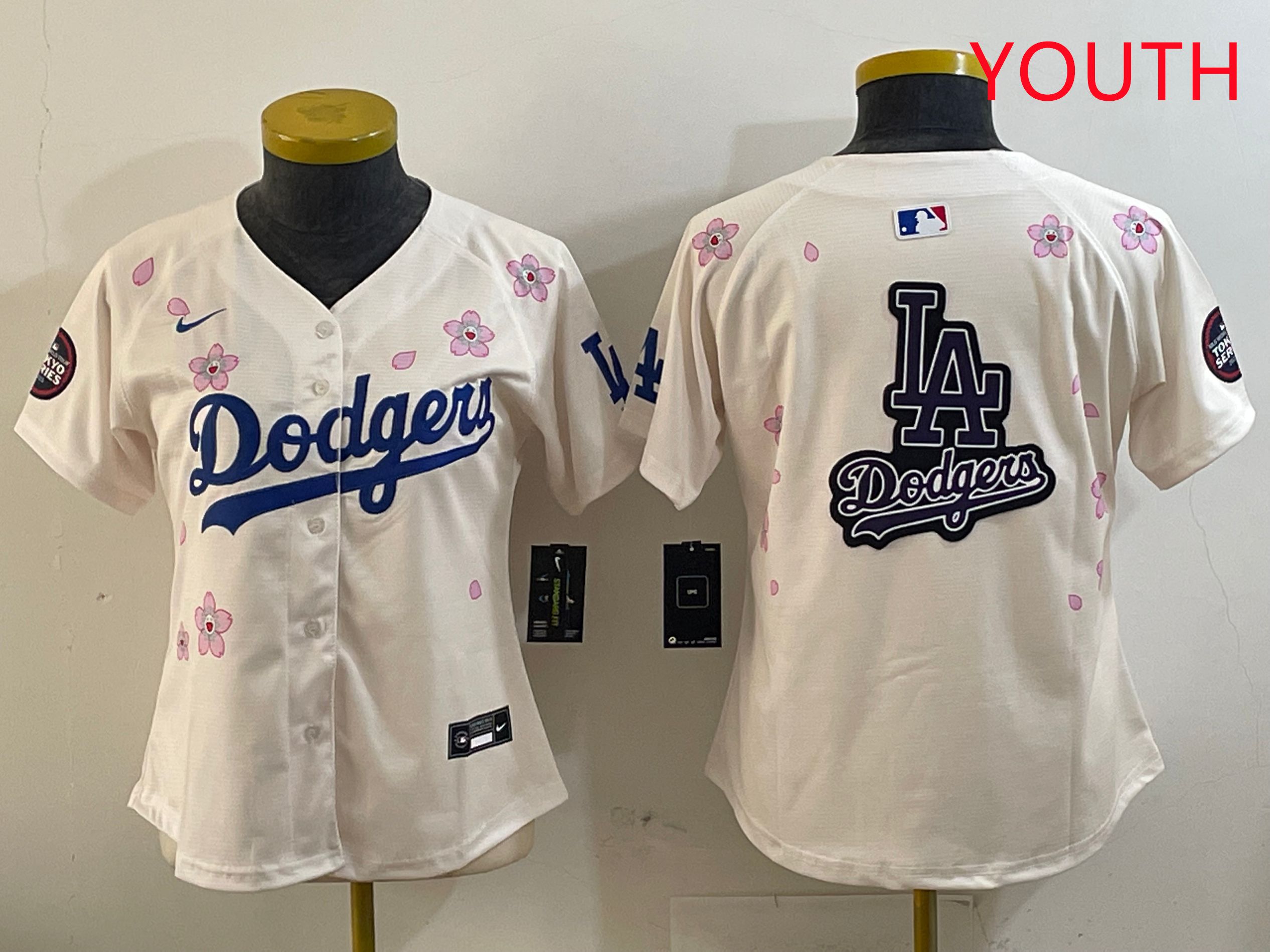 Youth Los Angeles Dodgers Blank Cream Sakura Edition 2025 Nike MLB Jersey style 19